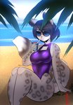 anthro beach beverage breasts clothing drinking drinking_straw eyewear female hair one-piece_swimsuit plantigrade seaside sitting solo sunglasses swimwear luvon felid mammal pantherine snow_leopard