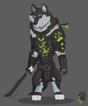 anthro armor biped clothed clothing fully_clothed grey_background male medieval melee_weapon runes simple_background solo standing sword weapon wolfdawg canid canine canis mammal wolf