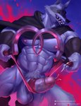 abs anthro arm_wrapping arm_wraps balls biceps big_balls big_penis bodily_fluids cheek_tuft cloak clothing dual_wielding facial_markings facial_tuft fire fire_background fluffy fluffy_tail fuzzy genital_fluids genitals grin half-closed_eyes head_markings head_tuft heart_symbol holding_object holding_weapon holidays humanoid_genitalia humanoid_penis looking_at_viewer male markings mask_(marking) mostly_nude muscular muscular_anthro muscular_male narrowed_eyes navel neck_tuft nipples obliques pecs penis penis_tied poncho precum precum_string pubes ribbon_around_penis ribbons saggy_balls serratus sharp_teeth sickle smile solo standing tail teeth thick_penis tuft weapon wrapped_arms wraps wrist_wraps fenwick_art dreamworks puss_in_boots_(franchise) valentine's_day death_(puss_in_boots) canid canine canis mammal wolf 2023 hi_res