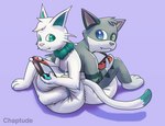 anthro back_to_back clean_diaper clothed clothing diaper diaper_fetish duo fur green_eyes green_tuft grey_body grey_fur heterochromia markings purple_background simple_background tail tail_markings tuft wearing_diaper white_body white_diaper white_fur chaptude nintendo nintendo_switch domestic_cat felid feline felis mammal 2022 hi_res