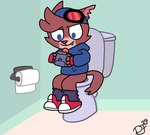 anthro bathroom blue_eyes bottomwear bottomwear_down brown_body brown_fur butt clothed clothing cute_fangs enjoying_the_go eyewear eyewear_on_head fangs footwear fur gaming goggles goggles_on_head headgear headwear implied_pee implied_peeing implied_scat looking_down male multitasking on_toilet pants pants_down partially_clothed playing_video_game poop_in_bowl pooping pooping_in_toilet pooping_into_water potty_time sat_on sitting sitting_on_toilet solo tail teeth toilet toilet_bowl toilet_lid toilet_paper toilet_play toilet_seat toilet_use young young_anthro young_male danfitz29 game_boy_advance game_boy_family murphy_and_mitzi nintendo murphy_(ajmarekart) domestic_cat felid feline felis mammal