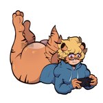 anthro big_butt blonde_hair blue_clothing blue_hoodie blue_topwear bottomless bottomless_male brown_eyes butt clothed clothing controller dog_tail eyewear feet fur gaming glasses hair hoodie huge_butt lying male on_front orange_body orange_fur playing_video_game simple_background smile solo stripes topwear white_background someonelikedawn dany_(pulgadany) felid mammal pantherine tiger 1:1 absurd_res hi_res