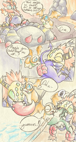 arthropod_abdomen black_body blue_body blue_eyes claws clothing female feral fire flaming_tail gloves green_eyes hair handwear head_wings horn membrane_(anatomy) membranous_wings multi_eye orange_body orange_hair quadruped red_clothing red_gloves red_handwear speech_bubble tail text unusual_wing_placement vore wings bakothemimic bandai_namco digimon nintendo pokemon pokemon_mystery_dungeon spike_chunsoft arachnid arthropod betamon coronamon digimon_(species) dokugumon elemental_creature fire_creature guilmon impmon patamon spider comic hi_res