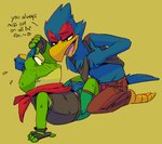 anthro beak blue_body blue_feathers blush bulge clothing dialogue duo feathers flirting imminent_sex male male/male shirt tank_top text topwear underwear undressing flookz nintendo star_fox falco_lombardi slippy_toad amphibian avian bird frog english_text