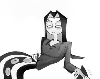 4_fingers blush bodily_fluids clothing collared_shirt dress_shirt earless fingers hair hand_on_hip hand_on_tail impatient long_hair looking_away noseless pupils pursed_lips reclining shirt slit_pupils snake_hood striped_body stripes sweat swinging_tail tail topwear ima91225 hazbin_hotel hellaverse sir_pentious_(hazbin_hotel) animal_humanoid humanoid reptile reptile_humanoid scalie scalie_humanoid snake_humanoid 2025 digital_drawing_(artwork) digital_media_(artwork) greyscale monochrome signature watermark
