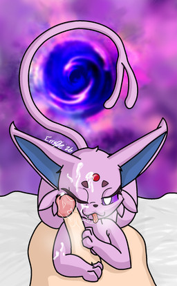3_toes bed bestiality bodily_fluids cum cum_on_face digital_art_(artwork) duo feet female feral furniture genital_fluids genitals human_on_feral interspecies licking male male/female on_bed oral penile penis penis_lick pupils purple_background purple_sclera saliva saliva_string sex simple_background toes tongue tongue_out white_pupils errsoe_(artist) nintendo pokemon eeveelution espeon generation_2_pokemon human mammal pokemon_(species) hi_res