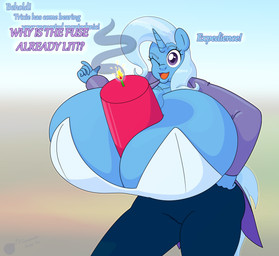 anthro between_breasts big_breasts breasts cleavage clothed clothing dynamite explosives female horn huge_breasts hyper hyper_breasts solo text gunpowdergreentea friendship_is_magic hasbro my_little_pony mythology trixie_(mlp) equid equine mammal mythological_creature mythological_equine unicorn hi_res