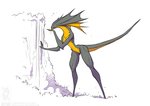 2020 agamid ambient_bird ambient_flier ambient_silhouette anthro avian bird cliff conditional_dnp drinking eyes_closed female frilled_lizard green_body green_scales group jollyjack kaiju lizard macro plant reptile restricted_palette scales scalie silhouette solo_focus tail trio waterfall yellow_body yellow_scales