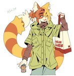 ambiguous_gender anthro bangs can claws clothing container fangs green_clothing green_eyes green_jacket green_topwear hair half-closed_eyes holding_bag holding_can holding_container holding_object inner_ear_fluff jacket long_sleeves long_tail markings medium_hair narrowed_eyes one_eye_closed open_mouth orange_body ponytail simple_background solo striped_markings striped_tail stripes sweater tail tail_markings teeth text topwear tuft turtleneck whiskers white_background white_inner_ear white_inner_ear_fluff white_sclera catmask calico_cat domestic_cat felid feline felis mammal absurd_res digital_media_(artwork) english_text hi_res