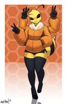 bottomwear clothed clothing dolphin_shorts femboy fur hi_rez honeycomb hoodie hotpants legwear male multi_arm multi_limb shorts stinger stockings topwear yellow_body yellow_fur bear213 arthropod bee hymenopteran insect 2025 digital_media_(artwork) hi_res model_sheet