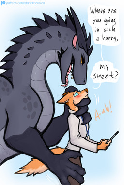 anthro anthro_prey black_body black_scales black_spikes blush blush_lines bodily_fluids bottomwear brown_bottomwear brown_clothing brown_hair brown_pants clothed clothing dialogue duo ears_back eyewear female female_pred feral feral_pred fluffy fluffy_tail forked_tongue glasses grey_clothing grey_shirt grey_topwear hair head_grab holding_object id_card imminent_vore larger_female larger_feral larger_pred leg_grab long_neck male male_prey neck_spikes open_mouth orange_body pants pivoted_ears saliva saliva_string scales sharp_teeth shirt side_view size_difference smaller_male speech_bubble standing sweat sweatdrop tail teeth text tongue tongue_out topwear ventral_scales yellow_eyes darkdraconica mythology darky_(darkdraconica) dave_(darkdraconica) canid canine dragon fox mammal mythological_creature mythological_scalie scalie digital_media_(artwork) english_text hi_res url