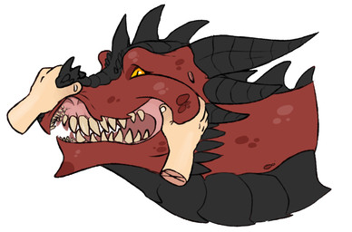 ambiguous_gender black_body black_horn cheek_spots disembodied_hand duo facial_horn feral horn mouth_play nose_horn open_mouth orange_sclera red_body red_scales scales sharp_teeth simple_background solo_focus teeth unsigned white_background yellow_eyes swampjaws mythology morem_(imperator_caesar) bloodscale_(imperatorcaesar) dragon mythological_creature mythological_scalie scalie