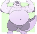 anthro belly bottomwear bulge clothing eyes_closed humanoid_hands kemono male moobs navel nipples overweight overweight_anthro overweight_male pants solo inunoshippo lifewonders tokyo_afterschool_summoners behemoth_(tas) 2021