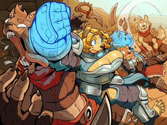 5_fingers 5_toes anthro armor big_breasts blonde_hair blue_eyes bodily_fluids breasts broken_sword broken_teeth claws cleavage cleavage_cutout clothed clothing cutout eyebrows face_punch feet female finger_claws fingerless_gloves fingers footwear gloves group hair handwear head_lock knee_pads knife male melee_weapon metal_armor navel open_mouth pauldron punch saliva smile spiked_knee_pads spiked_pauldron spikes sweat sweatdrop sword tail teeth toe_claws toeless_footwear toes tongue tongue_out weapon wide_eyed ceehaz dog_knight_rpg jeane_(ceehaz) bird_dog canid canine canis domestic_dog golden_retriever hunting_dog mammal retriever 2026 4:3 absurd_res hi_res
