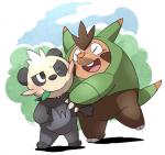 ambiguous_gender anthro blush duo semi-anthro simple_background smile white_background tekimi nintendo pokemon bear generation_6_pokemon mammal pancham pokemon_(species) quilladin