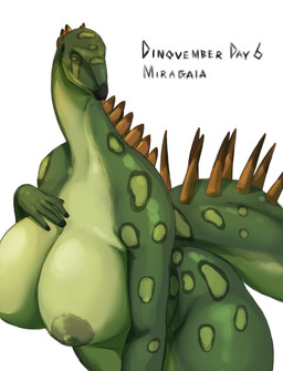 anthro areola big_breasts breasts female front_view green_areola green_body green_nipples hand_on_chest huge_breasts long_neck nipples non-mammal_breasts non-mammal_nipples nude orange_eyes simple_background slightly_chubby slightly_chubby_anthro slightly_chubby_female solo spiked_tail spikes spikes_(anatomy) tail text thick_thighs white_background wide_hips hxveuseenmypen dinosaur miragaia ornithischian prehistoric_species reptile scalie stegosaurian thyreophoran absurd_res hi_res