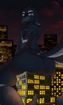 absurd_res anthro avian beak biped bird black_body black_feathers building building_destruction butt city corvid corvus_(genus) crazymangak crow crush curanull destruction feathers hi_res macro male nude oscine passerine sitting_on_building solo thick_thighs