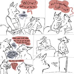 6_panel_comic after_sex anthro balls bared_teeth blush blush_lines bodily_fluids bra breast_grab breasts chair clothed clothing color_coded color_coded_speech_bubble cum cum_on_self dialogue door duo emanata erection eyelashes female fluffy fluffy_chest furniture genital_fluids genitals hand_on_breast hand_on_penis handjob head_tuft heart_symbol intraspecies linked_speech_bubble looking_at_breasts male male/female motion_lines navel nipples nude nude_anthro nude_female nude_male on_chair onomatopoeia open_door open_mouth orgasm panties penile penis sex simple_background sitting sitting_on_chair sleeping smile sound_effects speech_bubble spread_legs spreading standing sweat sweatdrop talking_to_another talking_to_partner teeth text topless topless_female tuft under_covers underwear undressing unsatisfied vowelless vowelless_sound_effect white_background zzz the_weaver pack_street betty_(weaver) unnamed_character canid canine canis mammal wolf 1:1 2026 comic digital_drawing_(artwork) digital_media_(artwork) english_description english_text hi_res spot_color