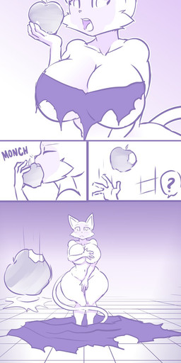 anthro apple big_breasts breasts clothing covering covering_breasts covering_crotch covering_self female food fruit huge_breasts hyper hyper_breasts navel nude plant shrinking size_transformation solo torn_clothing transformation wide_hips hayakain kitty_(hayakain) domestic_cat felid feline felis mammal comic hi_res
