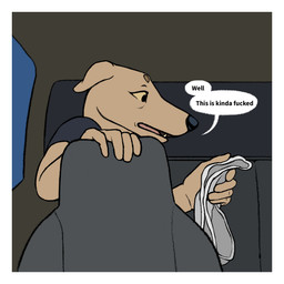 ambiguous_gender anthro black_clothing black_shirt black_t-shirt black_topwear border car clothing fur grey_clothing grey_panties grey_underwear holding_clothing holding_object holding_panties holding_underwear inside_car inside_vehicle panties shirt solo speech_bubble t-shirt tan_body tan_fur text topwear underwear vehicle white_border yellow_eyes oystr lily_(oystr) canid canine canis domestic_dog hunting_dog mammal sighthound 1:1 english_text hi_res