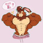 abs anthro barazoku big_biceps big_muscles bottomwear brown_body brown_fur brown_hair brown_pubes buckteeth clothing dialogue flexing flexing_bicep flexing_biceps flexing_both_biceps flexing_muscles fur green_eyes hair himbo looking_at_viewer male muscular muscular_arms muscular_male navel obliques one_eye_closed overly_muscular pants pecs pink_background pink_bottomwear pink_clothing pink_inner_ear pink_nose pink_pants pubes pubes_exposed serratus simple_background solo speech_bubble talking_to_viewer tan_body tan_fur teeth thick_pubes triceps wink winking_at_viewer crimsonrabbit cape_escape gnollplaying_games goose_(cape_escape) lagomorph leporid mammal rabbit 1:1 hi_res