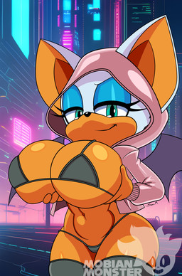 anthro bat_ears bat_wings big_breasts bikini blue_eyelids breasts clothing coat curvy_figure female glistening glistening_breasts green_eyes holding_breast huge_breasts jacket leggings legwear membrane_(anatomy) membranous_wings micro_bikini orange_body orange_skin pattern_background pink_clothing pink_jacket pink_topwear plastic_clothing raincoat simple_background solo swimwear thong topwear two-piece_swimsuit underwear wide_hips wings mobian_monster sega sonic_the_hedgehog_(series) rouge_the_bat bat mammal absurd_res hi_res watermark