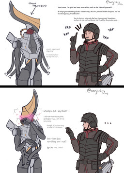 2_panel_comic armor black_body blush clothed clothing dialogue duo female fully_clothed gun hand_on_hip headgear heart_symbol helmet holding_arm machine male male/female onomatopoeia ranged_weapon smile sound_effects standing text weapon warjenkins endless_space_2 human humanoid mammal riftborn robot robot_humanoid 2025 absurd_res english_text hi_res