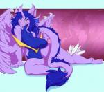 anthro big_breasts breasts feathers featureless_breasts female fur horn non-mammal_breasts purple_body purple_fur solo tail tail_tuft tongue tuft wings riipley mythology dragon mythological_creature mythological_scalie scalie hi_res