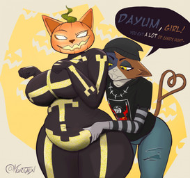 anthro beanie belly belly_grab belly_squish big_belly big_breasts black_body black_fur bottomwear breasts brown_body brown_fur clothing denim denim_bottomwear denim_clothing dialogue duo female female/female food for_a_head fruit fur glowing glowing_eyes hat headgear headwear heart_tail jeans jewelry long_sleeve_shirt looking_at_another looking_at_partner markings necklace open_mouth pants plant pumpkin pumpkin_head shirt skeleton_(marking) slightly_chubby slightly_chubby_female speech_bubble squish t-shirt tail teasing text thick_thighs topwear torn_bottomwear torn_clothing torn_jeans torn_pants white_body white_fur yellow_eyes morgtex epic_games fortnite fortnite:_battle_royale meow_skulls spice_(fortnite) calico_cat domestic_cat felid feline felis mammal object_head 2025 english_description english_text hi_res