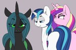 angry blue_eyes blue_hair cutie_mark eyes_on_the_prize fangs female green_eyes green_hair group hair horn male teeth trio pabbley distracted_boyfriend friendship_is_magic hasbro my_little_pony mythology princess_cadance_(mlp) queen_chrysalis_(mlp) shining_armor_(mlp) arthropod changeling equid equine mammal mythological_creature mythological_equine unicorn absurd_res hi_res meme