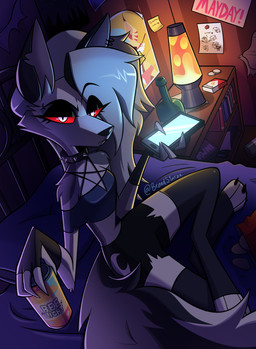 anthro bed bedroom black_nose cheek_tuft clothed clothing collar crossed_legs ear_piercing ear_ring electronics eyebrow_piercing eyebrows eyelashes facial_piercing facial_tuft female fur furniture glowing glowing_eyes grey_hair hair holding_object holding_phone lamp lava_lamp looking_at_viewer on_bed phone piercing poster red_eyes ring_piercing sitting sitting_on_bed solo spiked_collar spikes tail tuft white_body white_fur breadstarzz hellaverse helluva_boss mythology loona_(helluva_boss) canid canid_demon canine canis demon hellhound mammal mythological_canine mythological_creature absurd_res hi_res