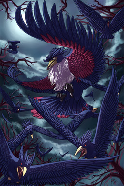ambiguous_gender feathered_wings feathers feral flying group large_group moon night outside plant purple_body purple_feathers red_eyes spread_wings tree wings shadeofshinon nintendo pokemon avian bird corvid generation_2_pokemon generation_4_pokemon honchkrow murkrow oscine passerine pokemon_(species)
