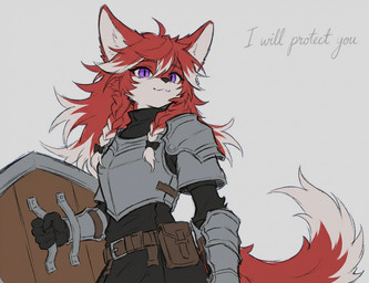 ahoge anthro armor bangs black_clothing black_underwear clothing eyelashes fanny_pack female female_anthro fur hair highlights_(coloring) holding_object holding_shield knight long_hair looking_at_viewer pose purple_eyes red_body red_fur red_hair shield simple_background simple_coloring smile solo tail text underwear warrior white_body white_fur white_hair eneki_sei canid canine canis mammal wolf colored colored_sketch detailed digital_drawing_(artwork) digital_media_(artwork) english_text half-length_portrait portrait shaded sketch three-quarter_portrait