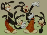 anthro belt bending black_eyes blush bottomwear clothed clothing eyes_closed gloves half-closed_eyes handwear happy male narrowed_eyes pants partially_clothed red_nose simple_background smile smug smug_face smug_grin solo standing text roachgore animaniacs warner_brothers yakko_warner inkblot mammal english_text hi_res