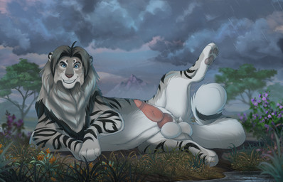 acacia_tree animal_genitalia animal_penis balls balls_blush big_balls big_penis black_stripes black_whiskers blue_eyes blush body_blush countershading devious_grin erection facial_scar feline_genitalia feline_penis feral flower fog fur genitals grass grey_body grey_fur heavy_balls humid hybrid_genitalia hybrid_penis inaccurate_knotting inaccurate_penis knot knotted_feline_penis knotted_penis male mane mountain penile_spines penis pink_penis plant raining rainstorm raised_leg savanna scar smile smirk solo stormy_sky stripes whiskers white_body white_fur white_sclera conditional_dnp lynxbrush lucas_everest felid hybrid lion mammal pantherine snow_leopard 14:9 hi_res