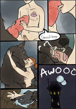 animal_genitalia animal_penis anthro bodily_fluids canine_genitalia canine_penis cum cum_in_mouth cum_inside cum_on_face dialogue duo erection fangs genital_fluids genitals hand_holding human_on_anthro interspecies kissing male male/male nude oral penis penis_on_tongue size_difference tattoo teeth text tongue quoth_the_raven_(artist) mythology teagan_(quoth_the_raven) canid canine canis human mammal mythological_canine mythological_creature werecanid werecanine werecreature werewolf wolf comic english_text hi_res