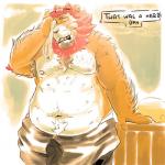 anthro belly eyes_closed humanoid_hands male moobs navel nipples overweight overweight_anthro overweight_male solo text towel spazz_bear felid lion mammal pantherine 1:1 2018 english_text hi_res