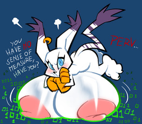 angry anthro areola big_breasts blush breast_expansion breasts butt chibi dwarfism ear_piercing ear_tuft expansion female huge_breasts hyper hyper_breasts long_tail markings nipples piercing purple_markings shortstack solo tail tail_tuft tuft white_body oddjuice bandai_namco digimon digimon_(species) felid feline felis gatomon mammal hi_res