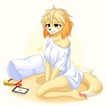 alarm anthro blonde_hair bottomless cellphone clothed clothing dipstick_tail electronics feet female fur hair hair_down kneeling markings pawpads paws phone pillow shirt shirt_only simple_background sitting smartphone solo tail tail_markings tired topwear topwear_only white_clothing white_shirt white_topwear yellow_body yellow_eyes yellow_fur yellow_tail fluffy_hinu animal_crossing nintendo isabelle_(animal_crossing) canid canine canis domestic_dog mammal 1:1 hi_res