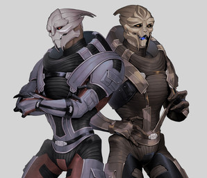 3_fingers clothed clothed_male clothing duo facial_markings fingers head_markings looking_at_viewer male markings orange_eyes simple_background standing suspenders yellow_eyes leafjuly bioware electronic_arts mass_effect grizz preitor_gavorn alien turian absurd_res colored hi_res portrait three-quarter_portrait