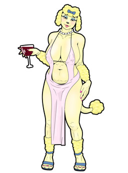 accessory alcohol anthro beverage big_breasts blonde_hair bow_ribbon breasts clothed clothing colored_nails container cup dress drinking_glass drunk female fluffy fluffy_ears fluffy_hair fluffy_tail gem glass glass_container glass_cup hair hair_accessory hair_bow hair_ribbon huge_breasts jewelry makeup nails necklace pearl_(gem) pearl_necklace pink_nails ribbons skimpy solo substance_intoxication tail wine wine_glass yellow_body chingodile fan_character canid canine canis domestic_dog mammal poodle hi_res
