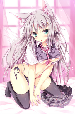 accessory blush bottomwear breasts clothed clothing female hair hair_accessory hairclip inside kneeling legwear long_hair navel open_mouth pink_hair skirt solo stockings underwear window tateha animal_humanoid canid canid_humanoid humanoid mammal mammal_humanoid 2015 digital_media_(artwork) shaded