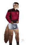 anthro bottomless boxer_briefs bulge clothed clothing embarrassed footwear male socks solo starfleet starfleet_insignia starfleet_uniform underwear wardrobe_malfunction conditional_dnp moodyferret star_trek commander_stryker mammal mink mustelid musteline true_musteline digital_media_(artwork) shaded