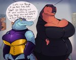 anthro big_breasts black_clothing blue_body breasts button_(fastener) clothing corset dialogue duo female hallway huge_breasts lingerie looking_at_another looking_at_breasts multicolored_body non-mammal_breasts obese orange_body overweight overweight_female poster purple_body purple_clothing size_difference speech_bubble straining_buttons suit topwear two_tone_body yellow_clothing cashmeremoo teresa_(cashmeremoo) tethys_(cashmeremoo) alligator alligatorid crocodilian dinosaur prehistoric_species reptile scalie theropod tyrannosaurid tyrannosauroid tyrannosaurus 2022 colored hi_res