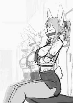 anthro bdsm bench bondage bottomwear bound clothed clothing female fur furgonomics gag group locker locker_room necktie restraints sitting skirt solo_focus straitjacket tail tail_through_skirt panzery25 lagomorph leporid mammal rabbit absurd_res hi_res monochrome