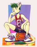 anthro ball basketball_(ball) basketball_jersey bottomwear bulge clothing footwear gradient_background male number_print plantigrade shoes shorts simple_background sitting sitting_on_ball socks solo sport white_background yellow_eyes ducky_(artist) mammal 2021 4:5 hi_res