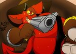 aiming_at_viewer anthro bodily_fluids boots butt clothing cowboy_boots footwear fur gloves grin gun handgun handwear male ranged_weapon red_body red_eyes red_fur saliva shoes smile solo sweat thong_down weapon yellow_sclera ancientonyx kings_of_hell gremile_'hotshot' demon imp hi_res