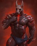 abs anthro biceps black_body clothing facial_piercing looking_at_viewer male muscular muscular_male nipple_piercing nipples nose_piercing pecs piercing realistic red_body simple_background solo tail triceps taran_fiddler canid canine hybrid mammal 4:5 hi_res red_theme