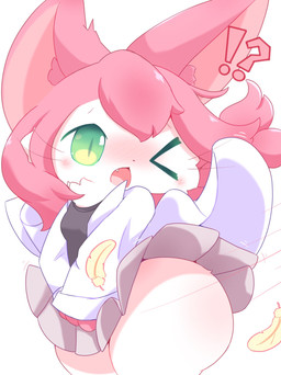anthro blush bottomwear clothing feathers green_eyes hair interrobang kemono one_eye_closed open_mouth pink_hair simple_background skirt solo white_body nakimayo cat_busters neko_hakase domestic_cat felid feline felis mammal hi_res