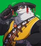 anthro asian_clothing asian_conical_hat belly bracelet chinese_clothing clothing east_asian_clothing eyewear fur glasses hat headgear headwear jewelry male multicolored_body multicolored_fur overweight pawpads solo spiked_bracelet spikes kurumiken mihoyo zenless_zone_zero pan_yin_hu bear giant_panda mammal bust_portrait hi_res portrait